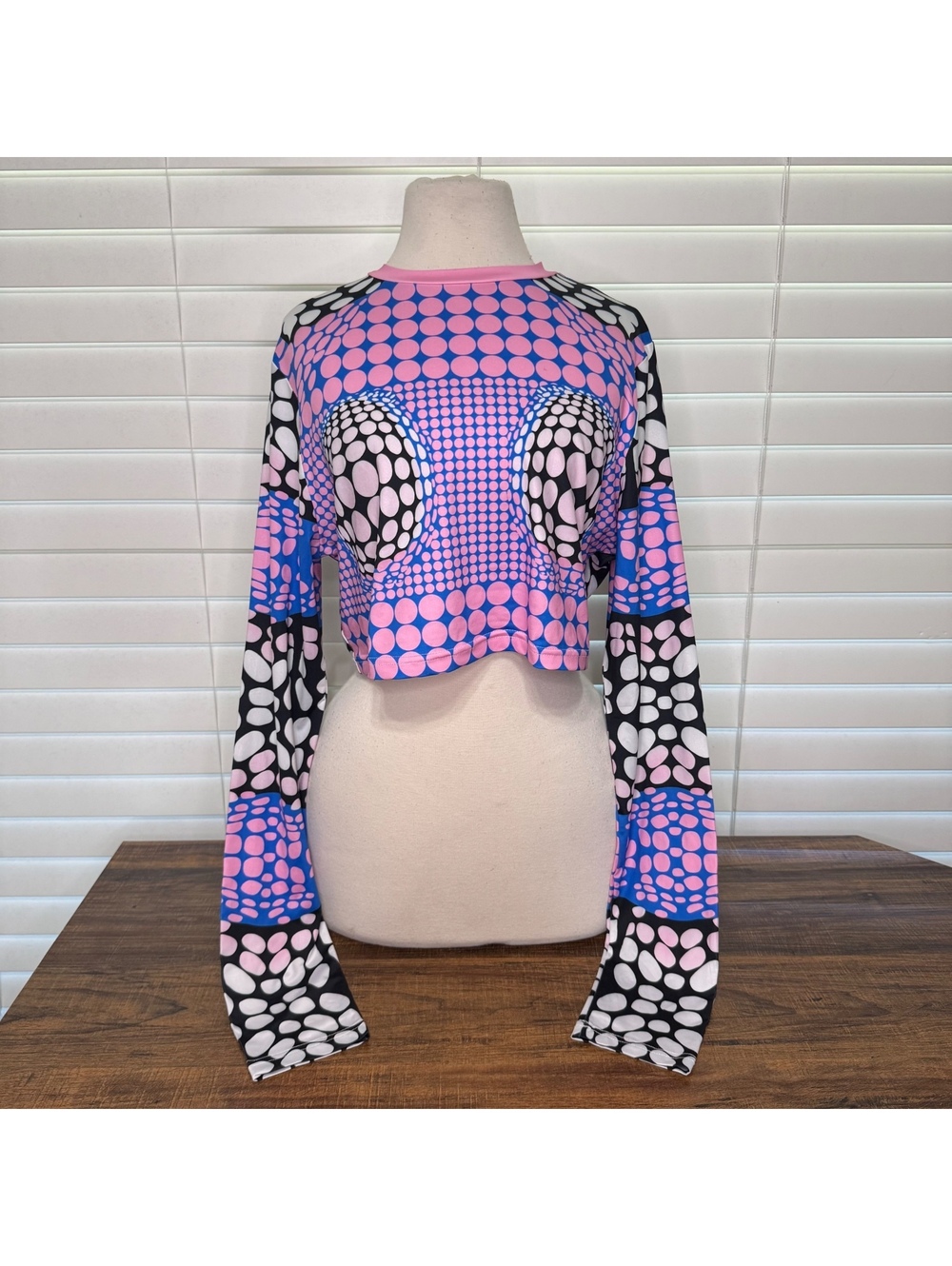 SHEIN XL Long Sleeve Crop Top with Pink and Blue Geometric Pattern